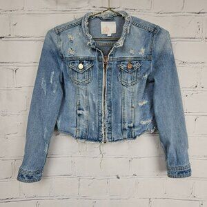 gb Girls Distressed Denim Jacket with Rose Gold Zipper Youth Size L Grunge Jeans